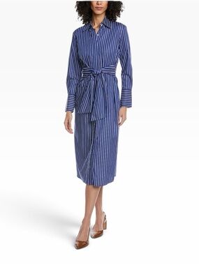 J.McLaughlin Blue White Striped Orla Midi Shirt Dress XL Belted Pockets